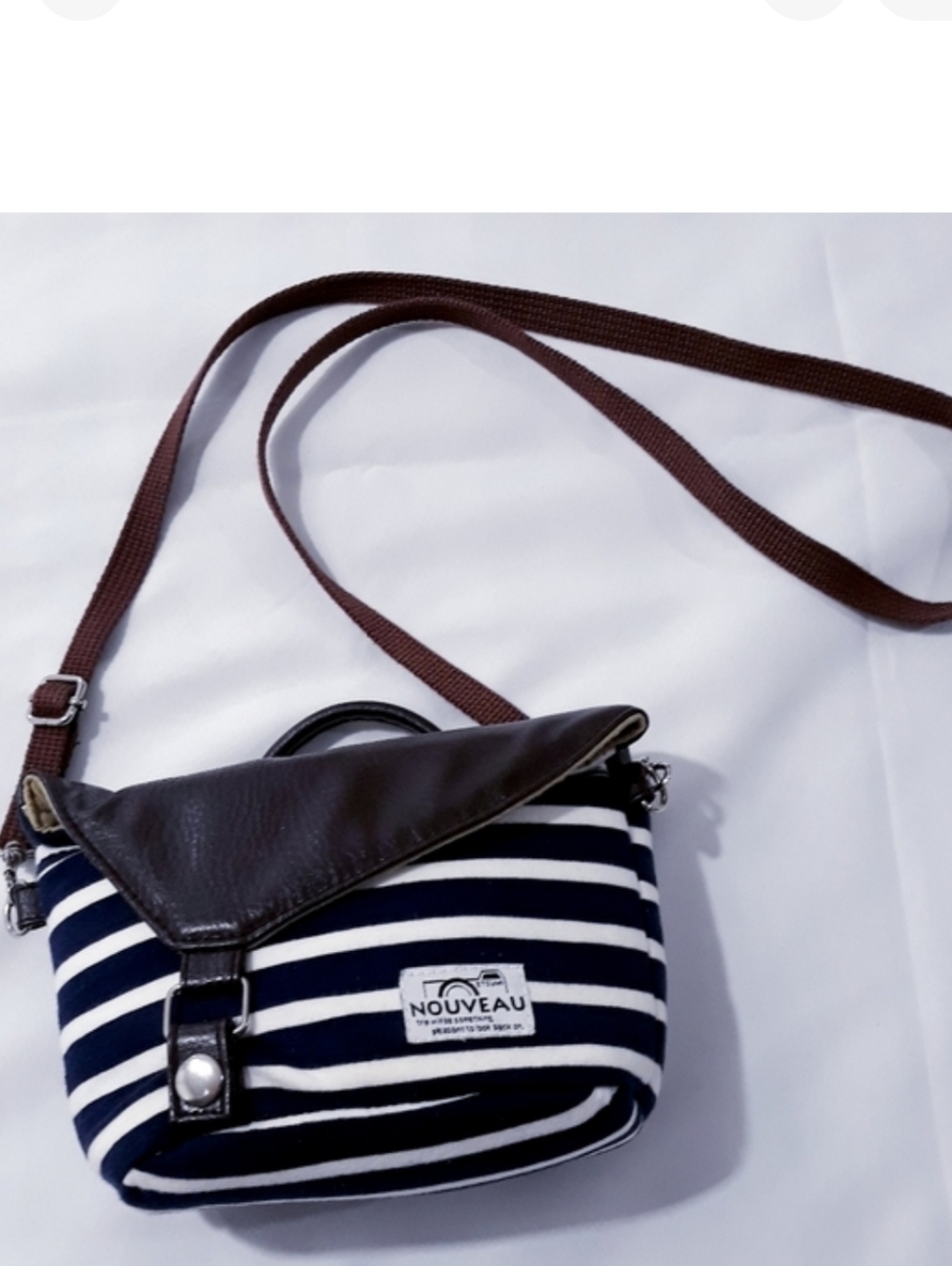 Nouveau Navy and White Striped Shoulder Bag with Brown Strap